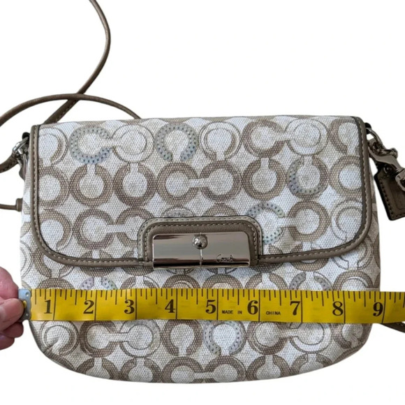 Coach Kristin Op Art Sequin Crossbody Bag Mushroom Taupe White Small Women's OS - Picture 12 of 14